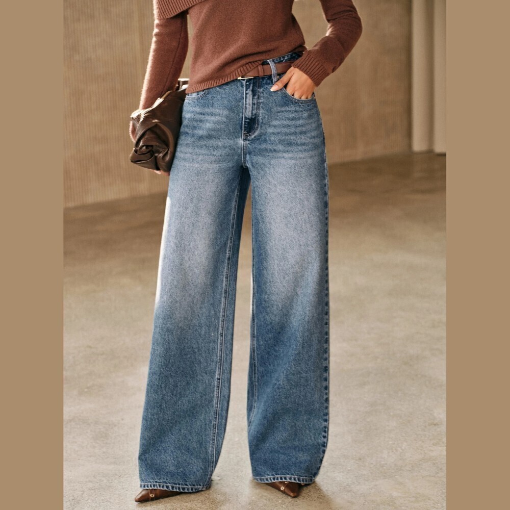 Medium Wash Faded Whisker High Waist Wide Leg Jeans